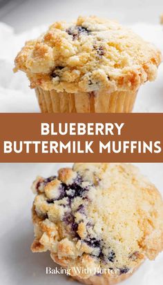 blueberry buttermilk muffins on a white plate with the title above it