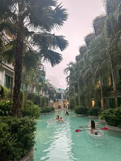 two people in kayaks paddling down a pool surrounded by palm trees and apartment buildings