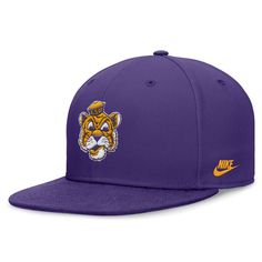 Complete your LSU Tigers game-day look with this Legacy True Fitted Hat from Nike. This hat boasts a high crown and structured fit, providing a timeless and comfortable look that never goes out of style. With its throwback team logo embroidered on the crown and wordmark on the back, this hat is a testament to the enduring legacy of the LSU Tigers. Flat Brim Snapback Hat For Sports Fans, Collegiate Snapback Baseball Cap, College Baseball Season Cap, Sports Event Fitted Hat With Flat Brim, Collegiate Baseball Cap With Curved Brim For Game Day, Curved Brim Collegiate Baseball Cap For Game Day, College Flat Bill Hats For Baseball Season, Nike Baseball Cap Snapback, Nike Baseball Cap, One Size Fits Most