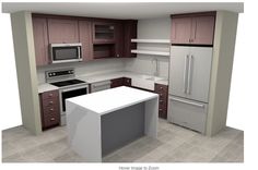 an empty kitchen with stainless steel appliances and wood cabinetry, including a white counter top