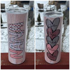 two pictures of the same cup with hearts painted on it, one is pink and the other is white