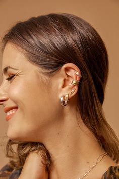 A whole new meaning of "double double." Our double ear cuff makes a statement with double bands, one wider and one slimmer. Pave Ear Cuff, Ear Stack, Sterling Jewelry, Stone Studs, Topaz Stone, Sterling Silver Hoops, Monogram Initials, Silver Hoops, White Topaz