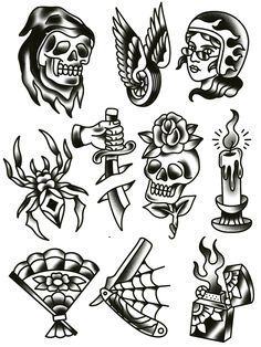 a collection of tattoo designs including skulls and roses