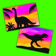 two paintings of dinosaurs with palm trees and sunset in the background, on green paper