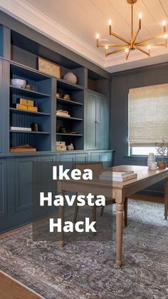 a room with blue cabinets and a rug on the floor that says ikea havista hack