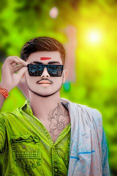 a mannequin wearing sunglasses and a green shirt with tattoos on his chest is posing for the camera