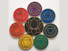 Chakra, Wall Art, Sacred Geometry, Wood Chakra , Wall decor Materials: 4 mm Birch Plywood, 3 mm Plywood Number of layers - 2 colors - gold and chakras colors Colored with natural oils For more of our designs, check out our full shop! https://www.etsy.com/shop/Anatoliawood Chakra Wall Hanging, Meditation Symbols, Art Chakra, Chakra Symbols, Chakra Art, Yoga Decor, Embroidery Wall Art, Art Decor Diy, Hand Painted Walls