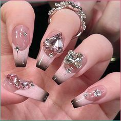 Black French Tips, Nagel Tips, Nail Type, Fake Nails With Glue, Nail Length, Diamond Nails, Crystal Nails, Rhinestone Designs, False Nail