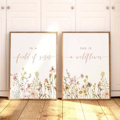 girl nursery wall art set of 2 with wildflowers Sweet Girl Quotes, Roses Nursery, Field Of Roses, Roses Wall, Girl Quote, Watercolor Wildflowers, Nursery Room Design, Nursery Room Inspiration, Boho Nursery Decor