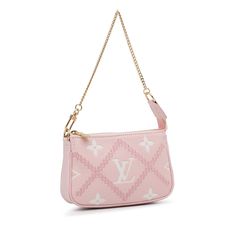 The beautiful Broderies Mini Pochette Accessories is made with Giant Monogram Empreinte in a soft pink color. It has a gold-tone chain strap and closes with a zipper at the top. It is best over the arm. Tas Louis Vuitton, Mini Pochette Accessories, Pochette Louis Vuitton, Trendy Flats, Pochette Accessories, Trendy Purses, Shoe Designs, Luxury Bags Collection, Stylish Heels