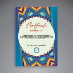 a certificate with an abstract design in blue, orange and yellow colors on a gray background