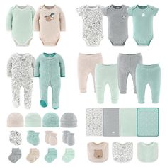 Dream big in cozy comfort with the Restful Basics 30-Piece Layette Set by The Peanutshell. This comprehensive set includes 5 bodysuits, 2 footed sleepers, 4 pairs of socks, 4 hats, 3 bibs, 4 burp cloths, 4 pairs of scratch mittens and 4 pants. Each piece is thoughtfully crafted from soft and gentle fabrics, ensuring the utmost comfort for baby's delicate skin. The soothing shades of aqua, white, oatmeal and gray heather bring a sense of tranquility to baby's wardrobe. Playful prints featuring cu Baby Layette Set, Newborn Layette, Newborn Needs, Baby Layette, Baby Unisex, Layette Set, Newborn Babies, Wardrobe Inspiration, Maternity Shops