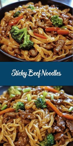 Sticky Beef Noodles are a deliciously savory and sweet stir-fry dish featuring tender beef slices, chewy noodles, and a flavorful sticky sauce made with soy, hoisin, garlic, and a hint of honey. This quick and easy dinner comes together in under 30 minutes, making it perfect for busy weeknights! Sticky Beef Noodles, Beef Stir Fry Recipes Noodles, Sticky Beef, Asian Ramen Noodle Salad, Chewy Noodles, Asian Ramen, Sticky Sauce, Ramen Noodle Salad, Beef Noodles