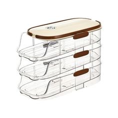 three drawers are stacked on top of each other with brown handles and white trays