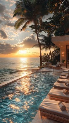 an outdoor swimming pool with lounge chairs and palm trees in the foreground at sunset