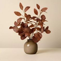 a vase filled with lots of leaves on top of a table