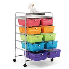 a multicolored storage cart with many bins