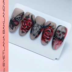 Skull Nails Acrylic, Skull Nail Art, Halloween Nails Diy, Skull Nails, Witchy Nails, Funky Nail Art, Nail Drawing, Square Nail Designs, Gothic Nails