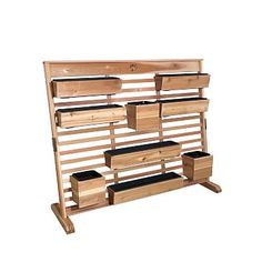 a wooden shelf filled with lots of drawers