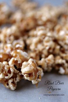 Close up photo of root beer candy costed popcorn Beer Popcorn, Snack Mixes, Best Popcorn, Caramel Corn