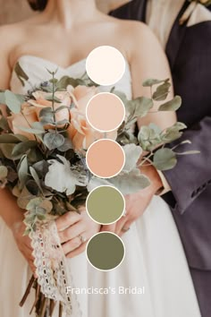 the bride and groom are holding their bouquets with different shades of green, pink, brown