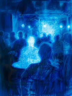 a painting of people sitting at a table in a room with blue lights on the walls