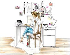 a drawing of a woman sitting at a desk in front of a computer and phone