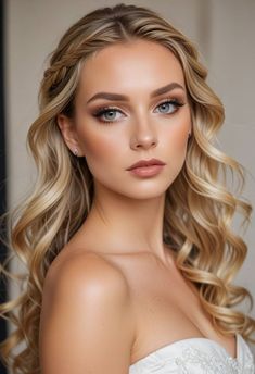 a woman with long blonde hair and blue eyes wearing a wedding dress is looking at the camera