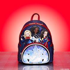 a back pack with an image of two women and one man on the front, against a red background