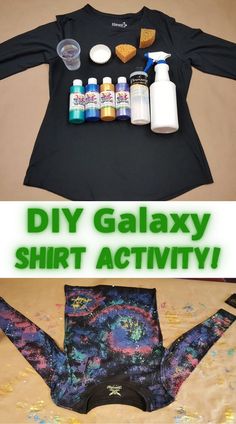 there is a shirt that has various items on it and the words diy galaxy t - shirt activity