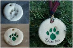 three different pictures of ornaments with green and white designs on them, including a dog's paw ornament