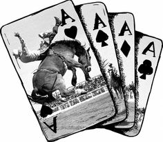 four playing cards with the rider jumping a horse over a fence and two horses running behind them