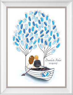 a couple is sitting in a boat under a tree with blue leaves on the branches