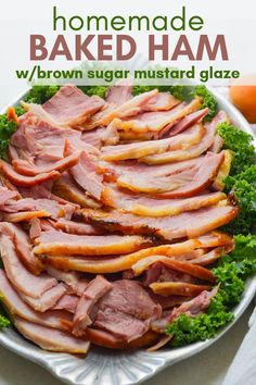 homemade baked ham with brown sugar mustard glaze in a bowl on a white plate