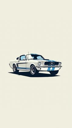 an old mustang muscle car painted in blue and white with the hood up, on a beige background