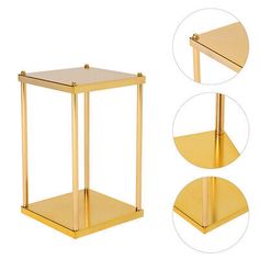 three different views of a gold end table with one shelf on each side and the other half