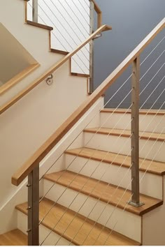 Dogleg stairs with cable railing Stairs With Wire Railing, Staircase With Wire Railing, Stair Wire Railing, Balistraids Stairs, Stair Railing Kits Indoor, Internal Balustrade Ideas, Staircase Banister Ideas Metal, Wood And Wire Railing, Wire Railings For Stairs