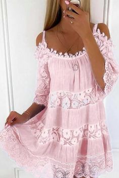 Details: Material: Blending Style: Fashion Pattern Type: Solid Element: Lace Neckline: Spaghetti Strap Silhouette: Lace Dress Sleeve Style: Cold Shoulder Sleeve Length: Sleeveless Dresses Length: Mini Fit Type: Loose Type: Solid Color Size(in) Bust Dresses Length Sleeve Length S 40.2 29.1 13.2 M 41.7 29.3 13.2 L 43.3 29.5 13.2 XL 44.9 29.7 13.2 2XL 46.5 29.9 13.2 3XL 48 30.1 13.2 4XL 49.6 30.3 13.2 5XL 51.2 30.5 13.2 Tips: Due to the many variations in monitors, the color in the image could look Bohemian Beach Dress, Lace Sundress, Lace Panel Dress, Morning Dress, Colors Dress, Strapless Lace Dress, Gisele Bündchen, Flower Print Dress, Panel Dress