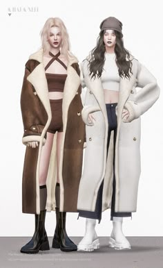 two women standing next to each other wearing coats