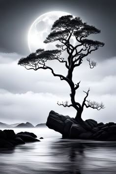 Single Tree in The Moonlight Photo Art Print Painting Tree Silhouette, Night Time Trees, Outdoor Tree Silhouette, Moonface Faraway Tree, Ultra Chic Monocromatic Trees, Moonlight Art, Landscape Silhouette, Monochromatic Painting, Nature Valley