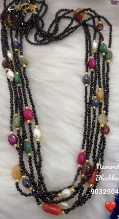 Navaratna Black Beads, Black Beads Chain, Black Beads Necklace, Antique Necklace Gold, Beaded Wedding Jewelry, Ruby Jewelry Necklaces, Stone Bead Jewelry, Gold Jewelry Outfits