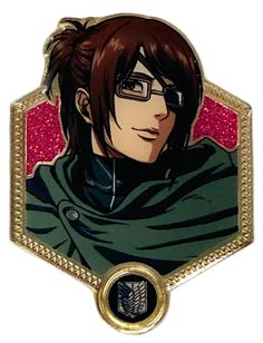 an anime character wearing glasses and a green jacket with gold trimmings on it