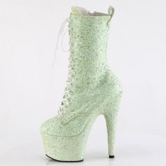 7" High Heel, 2 3/4" Platform Glitter Lace Up Ankle Boots. Inner Side Zipper Closure. Styles: Dance Clubbing Festival Dancer Mint Green Roda-1040gr Fitted High Heel Glitter Boots, Glitter High Heel Boots Fitted, Fitted Glitter High Heel Boots, Fitted High Heel Sequin Boots, Sequined High Heel Fitted Boots, Green High Ankle Party Boots, Sequin Boots With Round Toe For Spring, Sequined Round Toe Boots For Spring, Spring Sequin Boots With Round Toe