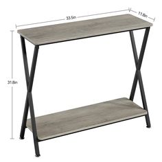 a table with two shelves on each side and measurements for the top shelf below it