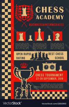 the poster for chess academy in red and black