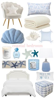 a collage of blue and white items including a bed, chair, blanket, pillows