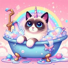 a cat sitting in a bathtub filled with bubbles and rainbows, next to a faucet