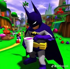 the animated batman character is holding a cup