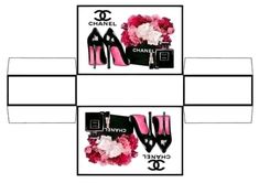 chanel shoes and flowers are arranged in four boxes