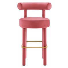 a pink bar stool with gold trim around the footrests and back rests on a white background